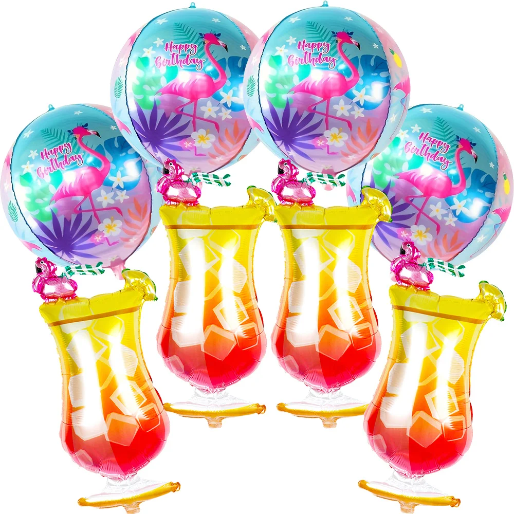 8-teiliges Set, 4 Flamingo-Cocktailballons, 4 22-Zoll 4D runde Flamingo-Ballons, Sommer-Hawaii-Ballonset, Strandparty-Folienballons, geeignet für Strandpartys, Zusammenkünfte am Meer, Sommerfeiern,