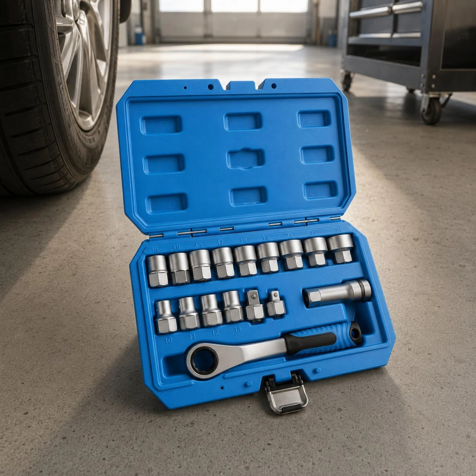17 Pieces Through-Through-Center Ratchet Socket Set Metric Sizes 12-Point Socket Set Long Extension Adapter Heads