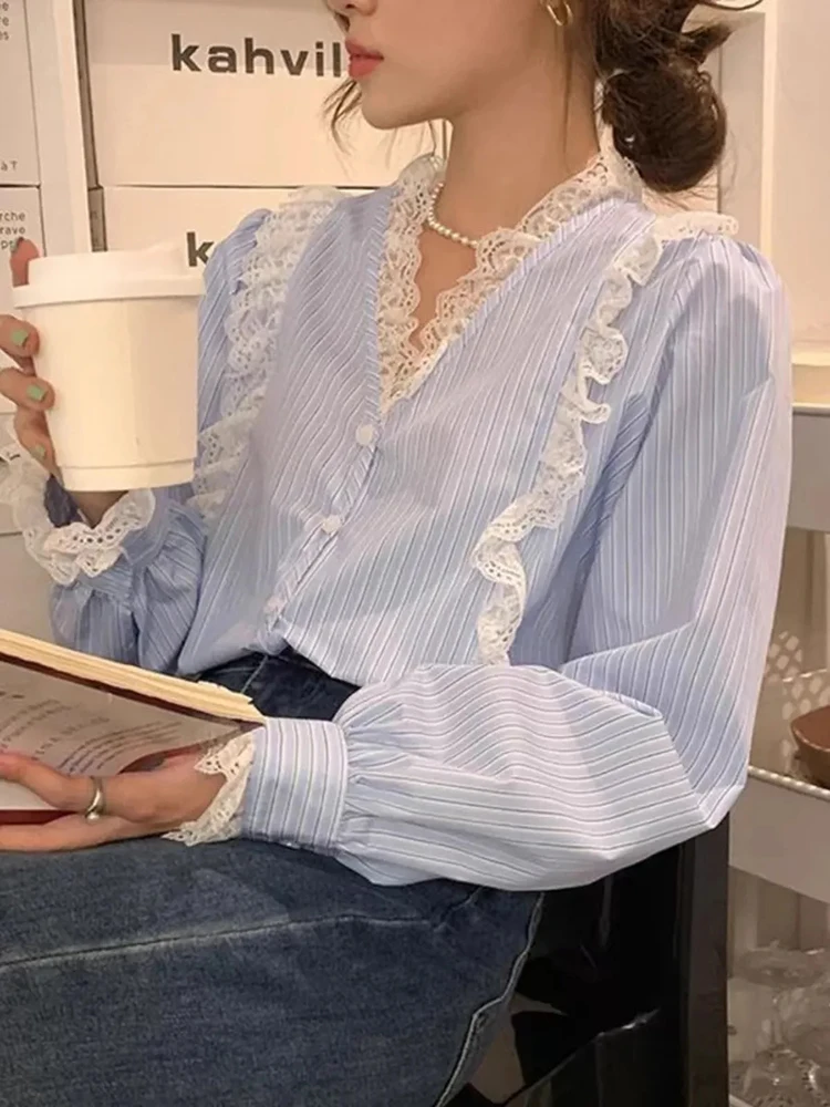 

Chic Blue Striped Shirt Women Spring Fall Long Sleeve Lace Patchwork French Blouse V Neck Loose Casual Fashion Office Lady Tops