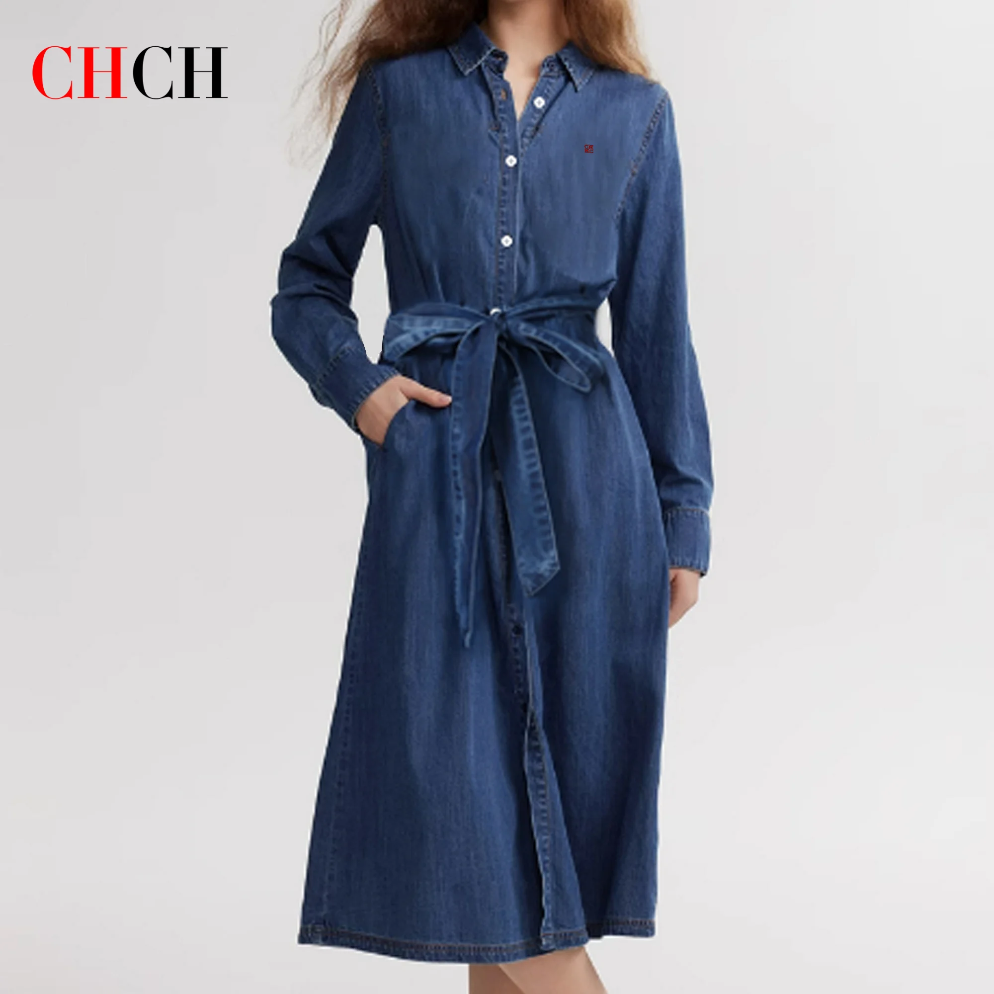 CHCH Women's Shirt Skirt 2025 New Denim Long Skirt A-line Belt Looks Thin