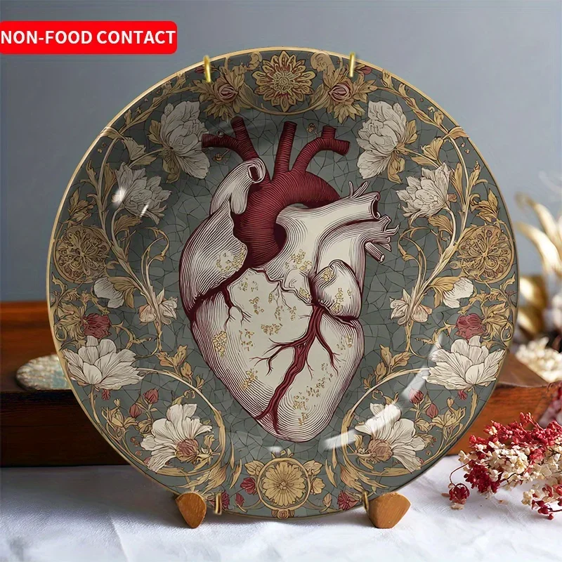 1pc Elegant Ceramic Heart-Shaped Decorative Plate with Floral Border - Non-Food Contact, Ideal for Home, Living Room, Bedroom,