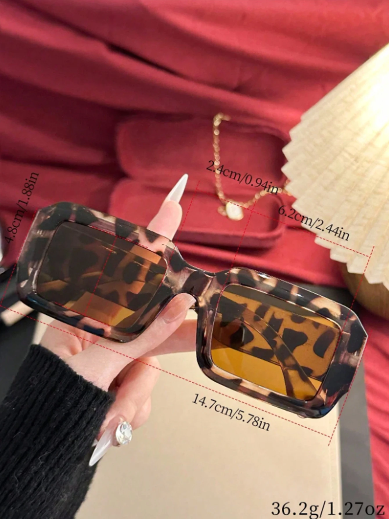 1 Stück Vintage-Mode-Sonnenbrille mit Leopardenmuster und rechteckigem Rahmen, trendiger High-End-Modeartikel, geeignet für Vintage-Outfits, täglich W – Detail 3