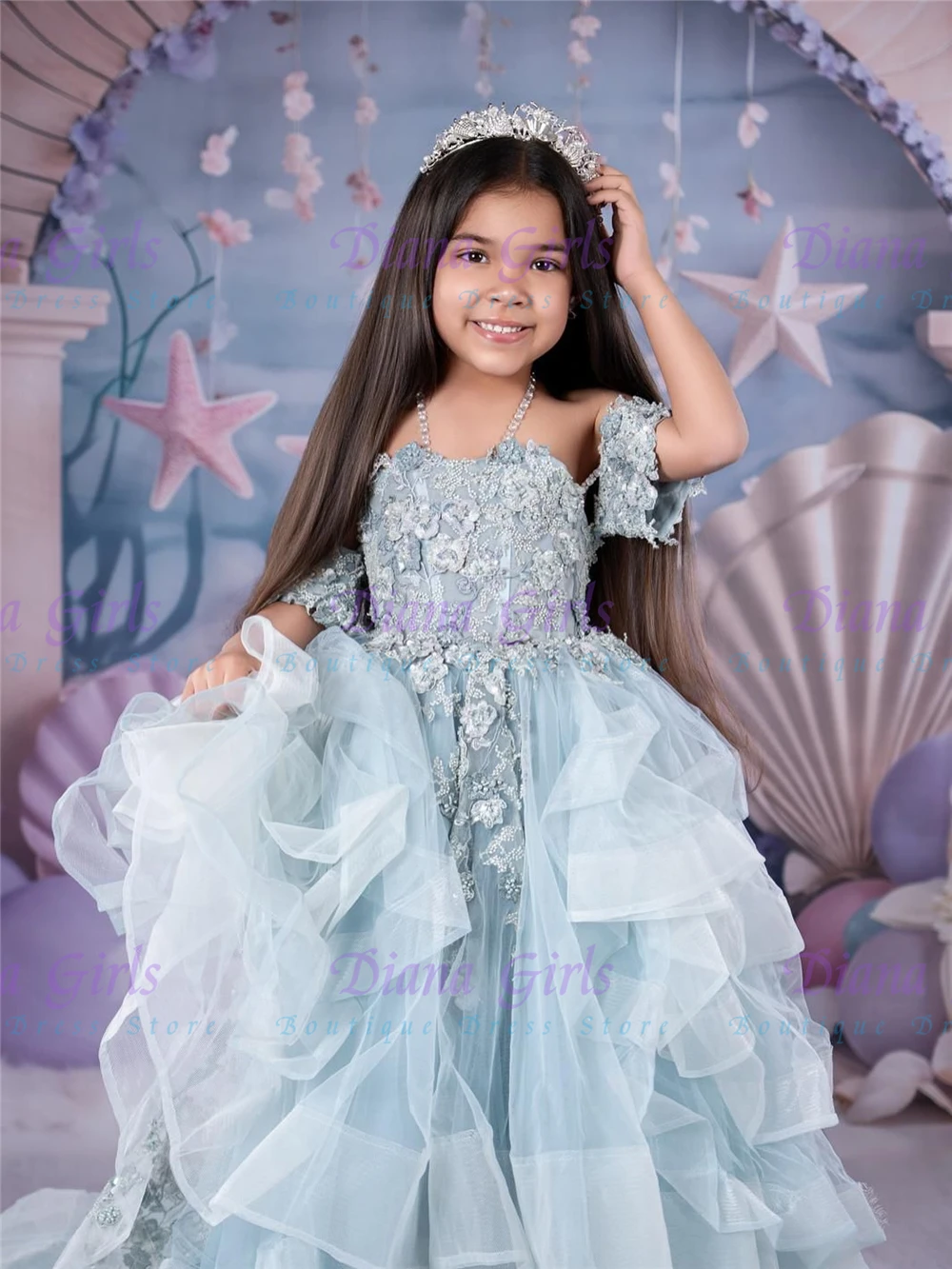 

Luxurious Blue Fluffy Tulle Flower Girl Dress Quality Flowers Applique for Little Princess Wedding Birthday Evening Gowns