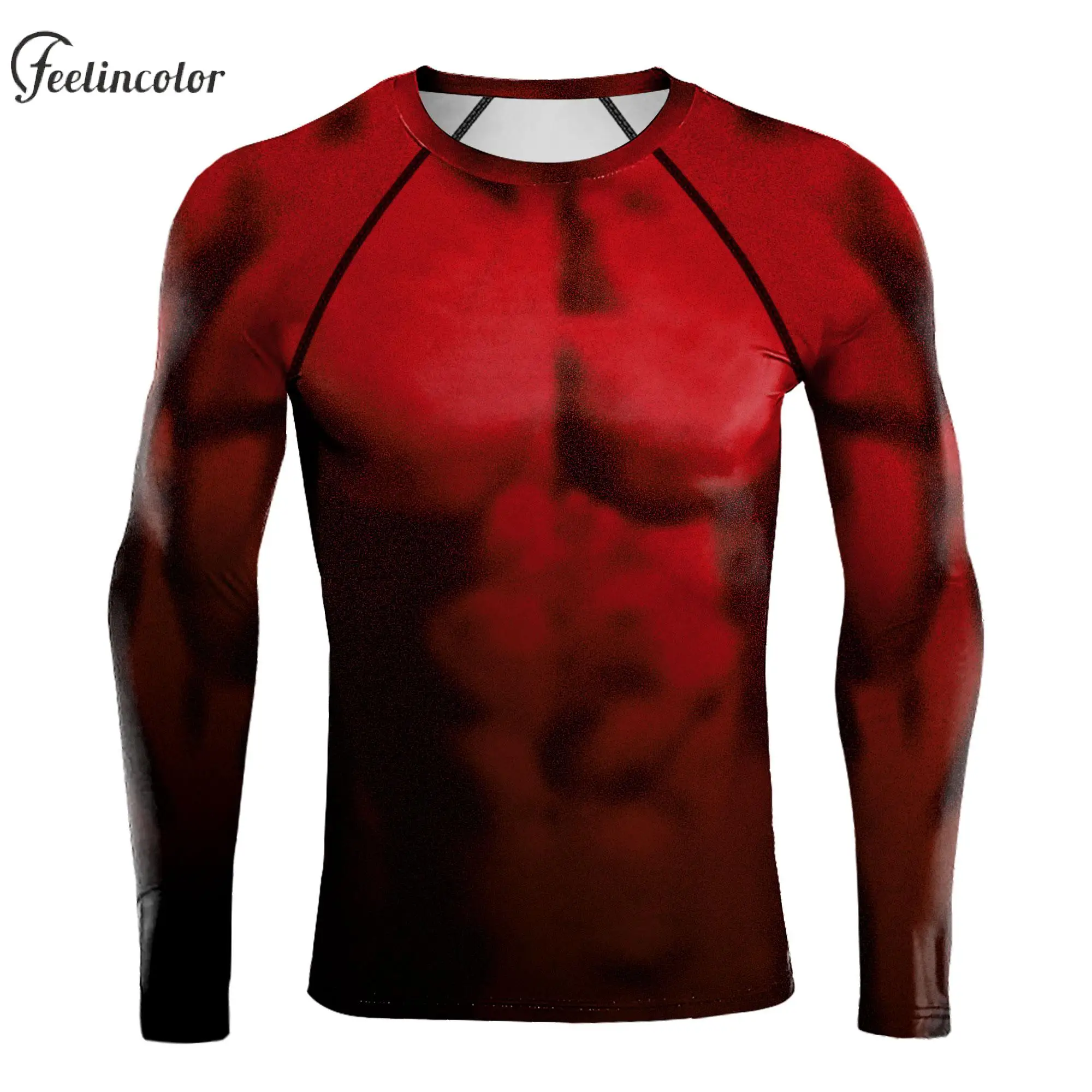 Camicie muscolari con stampa 3D per uomo T-shirt fantasia a maniche lunghe Maschile Fitness Compressione Top Girocollo Abbigliamento maschile