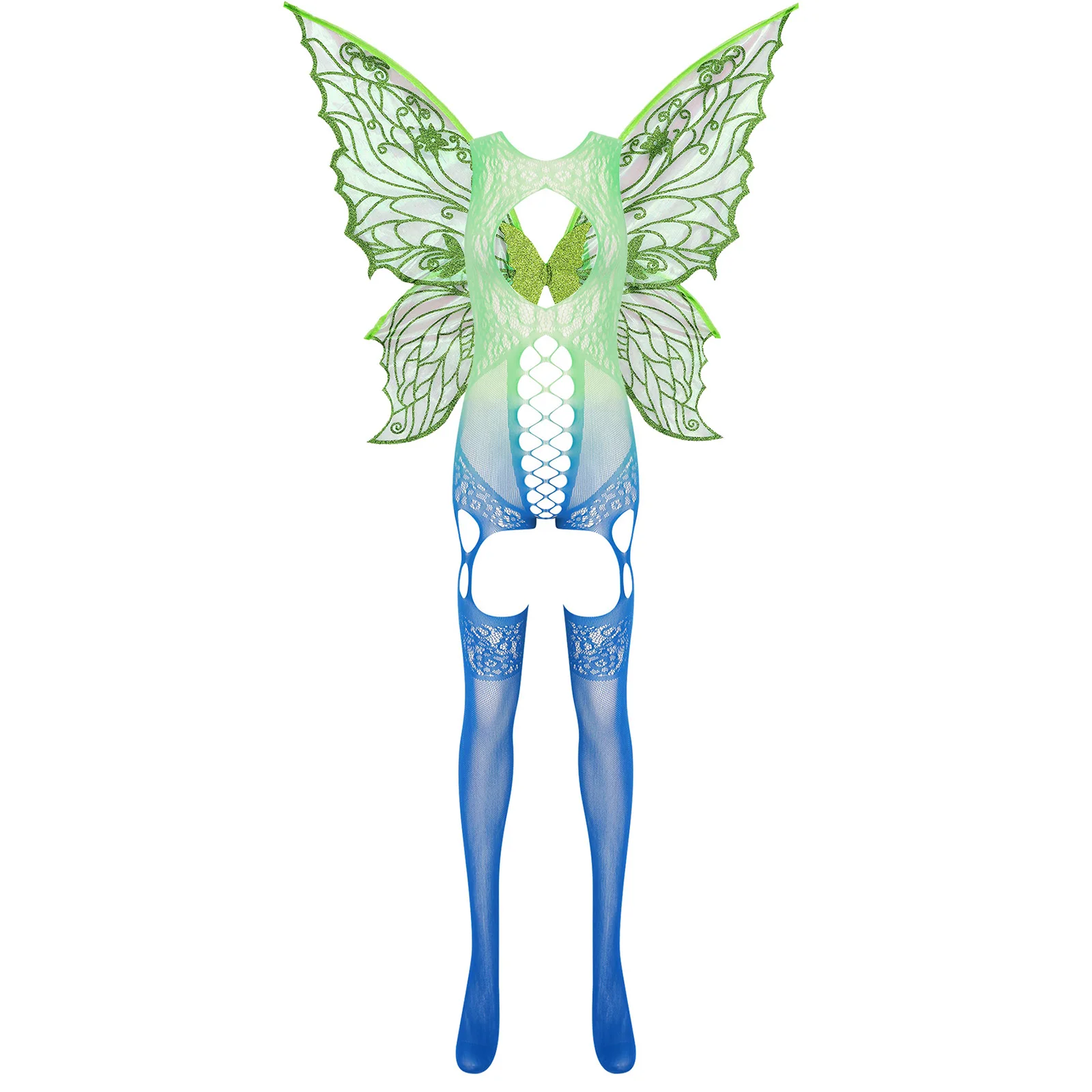 Traje de lingerie de fada feminino transparente fishnet sem mangas bodysuit com asas de borboleta oco para fora bodystockings nightwear