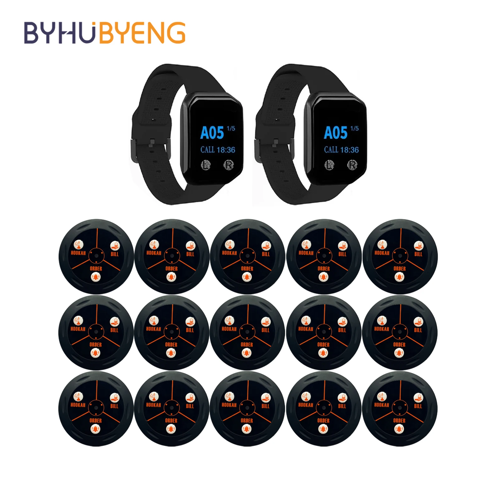 BYHUBYENG Wireless Waiter Calling System Restaurant Pager 2 Watch Receiver 15 Call Button Customer Service For Hookah Bar Cafe