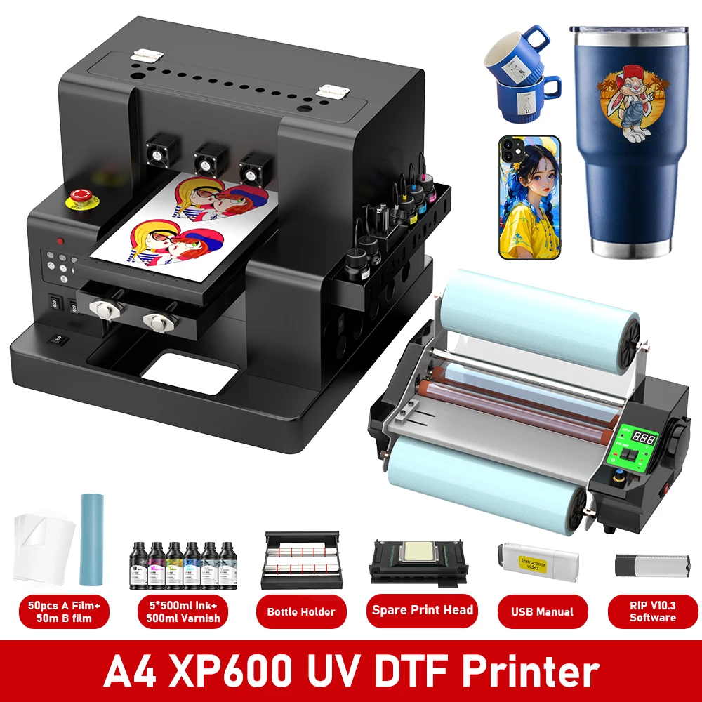 For XP 600 A 4 UV Printer with Varnish UV DTF Transfer Film Sticker Printer with Laminator For Phone Case Bottle Acrylic