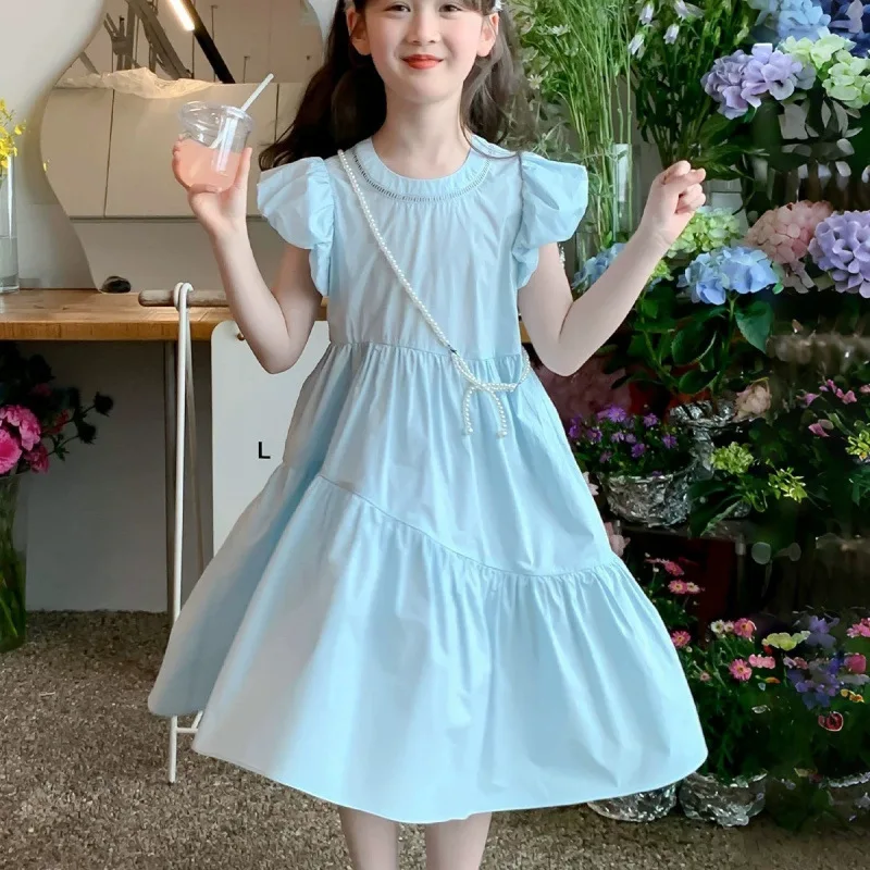 2026 summer Dresses kid baby party princess Girls Mid Long puff sleeve sky blue Teenager A-LINE Pleated dress 4 8 10 12 14 Years