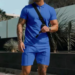 Męski dres 2-częściowy zestaw Waffle V-neck Zipper Short Sleeve T Shirt And Shorts Summer Casual Fashion Sport Suit Odzież męska