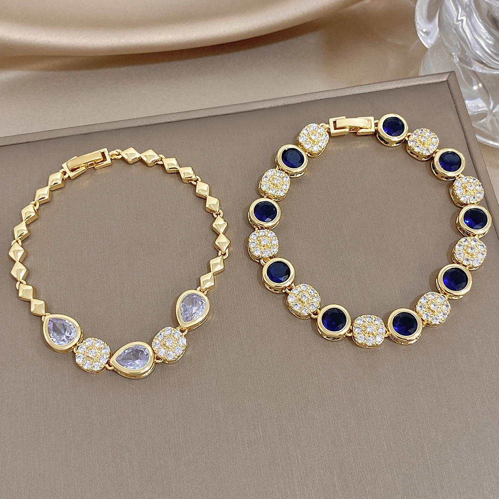 AENSOA Luxury Blue Round Zircon Tennis Bracelet for Women Gold Plated Copper Water Drop Crystal Bracelet Wedding Party Gift