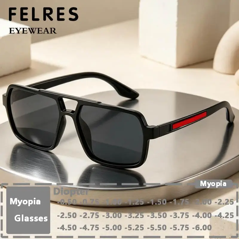 Double Bridge Square Black Myopia Sunglasses Men Outdoor Driving Sunshade Prescription Eyewear Negative Diopter -0.5 to -6.0