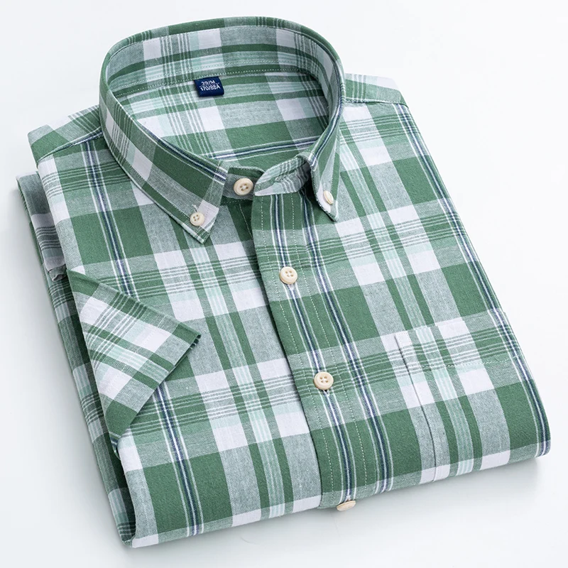 Linen cotton summer plaid short sleeve shirts for man slim fit formal plain shirt casual striped tops designer office clothes