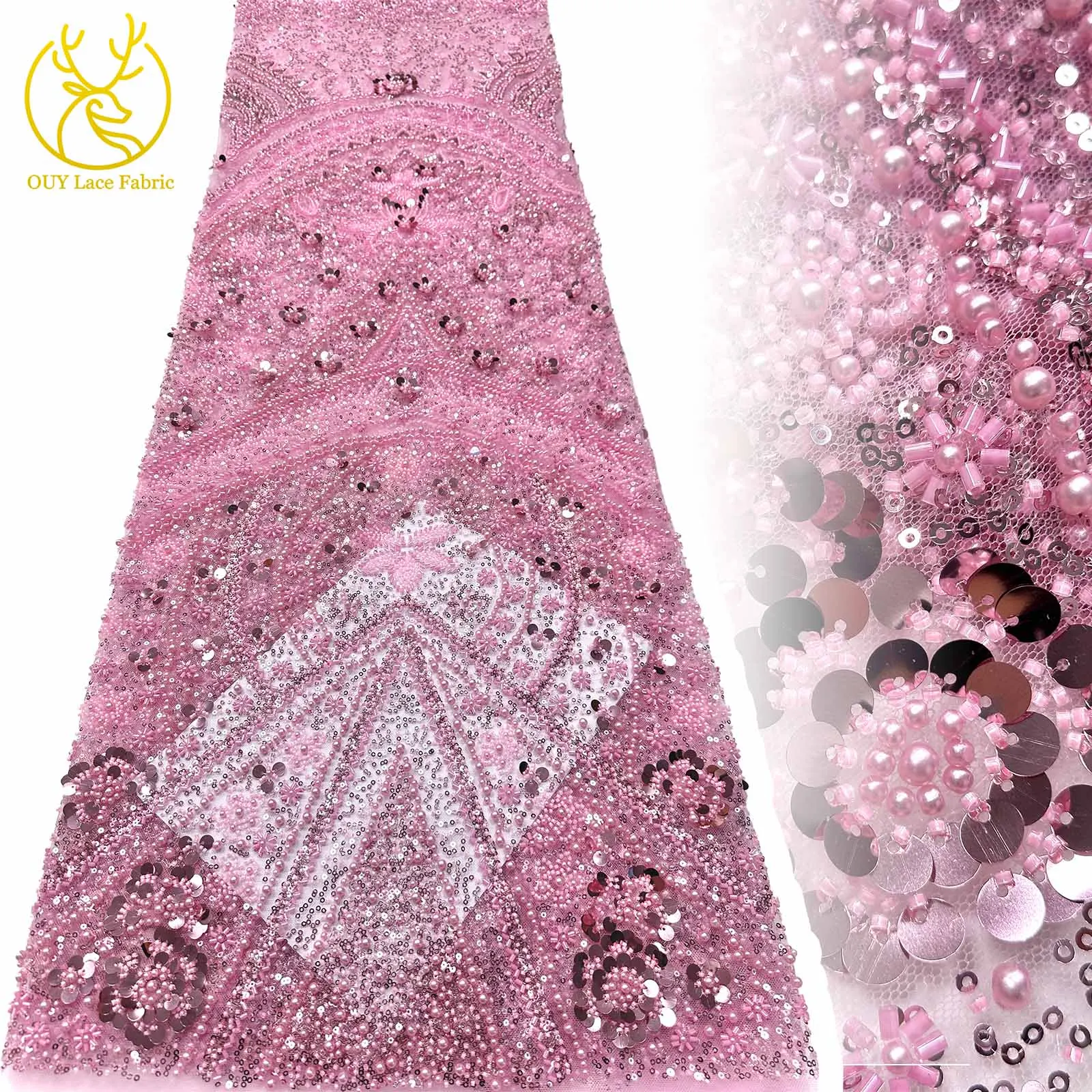 

African Beaded Lace Fabric 2025 Beautiful French Lace Nigerian Mesh Sequin Lace Fabric For Women Wedding Party Dress Material