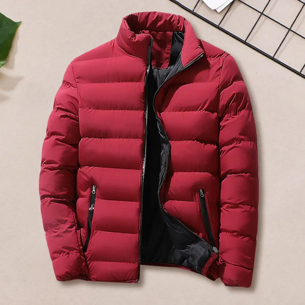 Outdoor Sports Coat Men's Stand Collar Baseball Jacket with Full Zipper Closure Pockets Solid Color Winter Coat for Outdoor