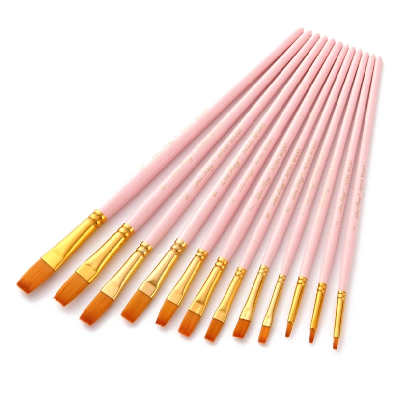 12pcs Nylon Hair Wooden Handle Flat Watercolor Paint Brush Pen Set DIY Oil Acrylic Painting Brushes