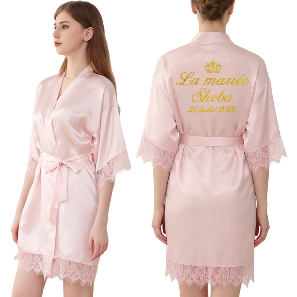 Personalized Name Logo Wedding Date Printed Robes Bridal Gift  Nightdress Bathrobe Kimono Gown Sleepwear Bride Set with Veil