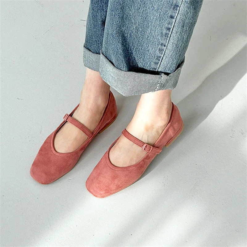 

Fashion Sweet Square Toe Buckle Ballerinas Flats Velvet Women's Ballet Dance Shoes Mary Janes Casual Loafers Ladies Flat