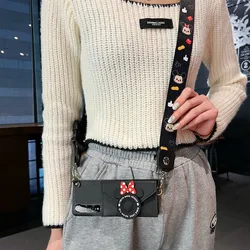 For Samsung Galaxy Z Fold 7 6 5 4 3 5G Fashion Cute Cartoon Change Purse Card Bag Crossbody Long Strap Black Leather Case Cover