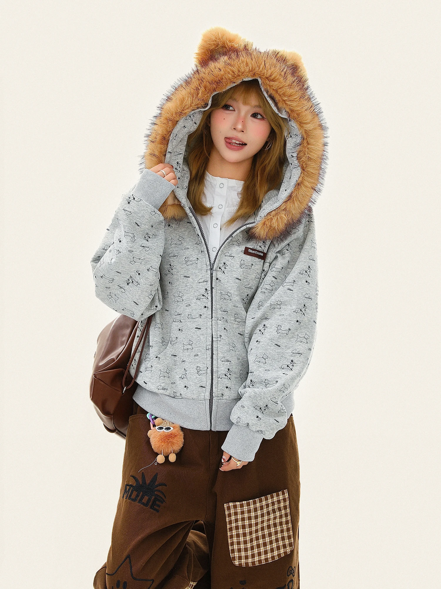 

Милая толстовка с меховым воротником и собачьими ушками, женская зимняя теплая открытая подкладка большого размера, открытый кардиган, верхняя одежда Pulu Biscuit, забавный дизайн