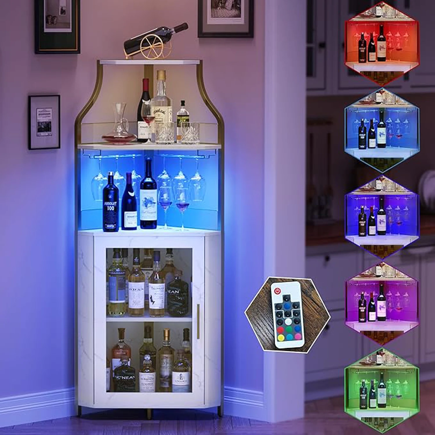 Armadietto da bar ad angolo, armadietto da bar in vino con luci a LED e ripiano regolabile, armadietto da liquore ad angolo con supporto in vetro e contenitore