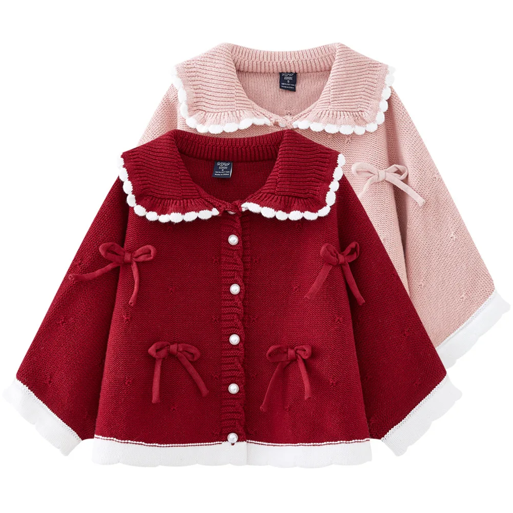 New 80-120 cardigan cotton Girls winter autumn sweater Knitted knitwear kids baby bow clothes children students top 1-5y coat