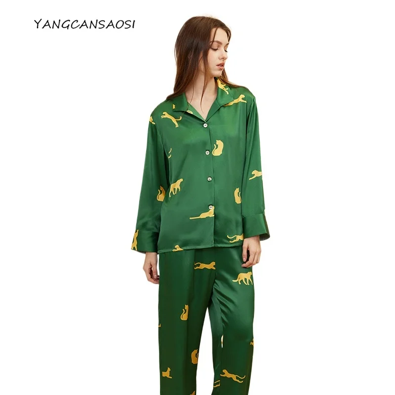 

Женская модная осенняя одежда, 100% натуральный шелковый атлас, брюки с длинными рукавами и леопардовым принтом, домашняя одежда из двух предметов