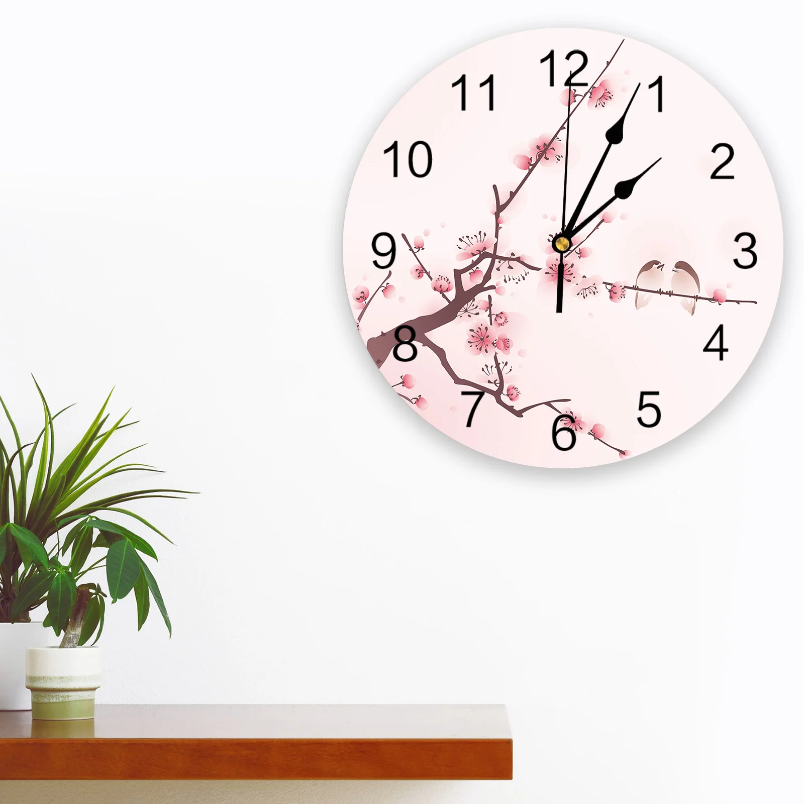 Pink Flower Tree Bird Sparrow Ink Style Large Wall Clock Dinning Restaurant Cafe Decor Round Wall Clocks Silent Home Decoration