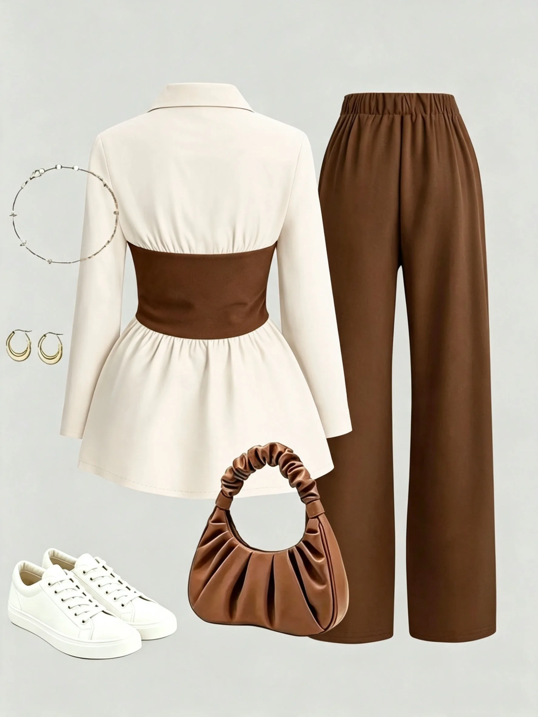 Girls' two-piece set featuring a color-block, ruffled, faux-layered top and wide-leg trousers—suitable for everyday wear.