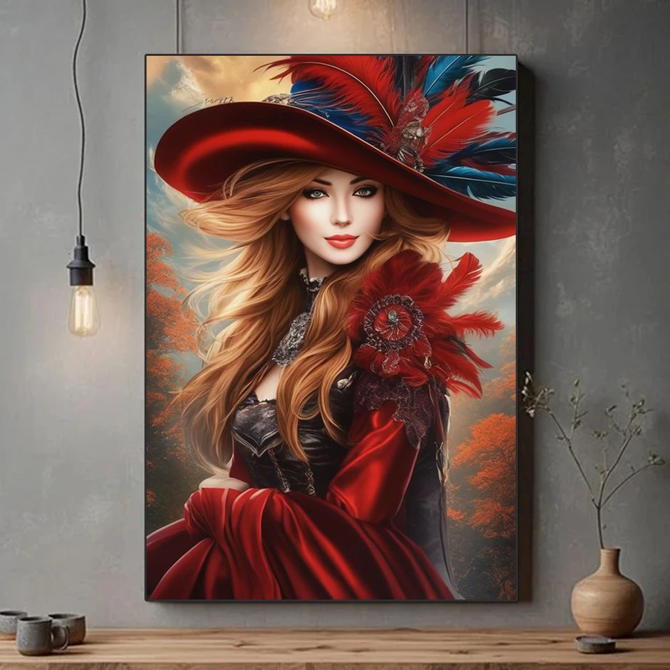 Pittura diamante fai da te nuova donna 2024 che indossa cappello di piume diamante pieno mosaico ricamo punto artistico decorazione della casa kit