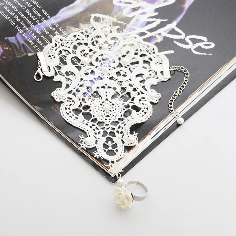 1Pcs Women Goth Rose Beads Flower Lace Slave Glove Adjustable Ring Long Bracelet