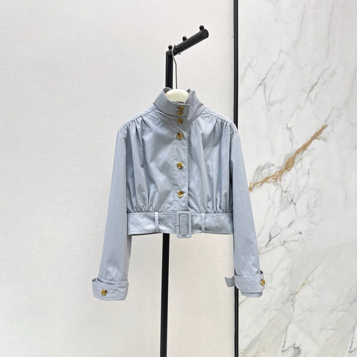 2026 high-quality women's light gray blue standing collar short waist windbreaker jacket--26818195