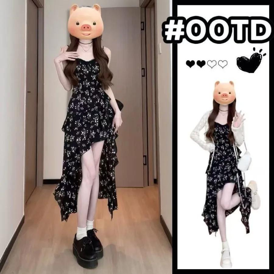 

Black irregular ruffled floral suspender dress for women summer design waist slim front short rear long dress