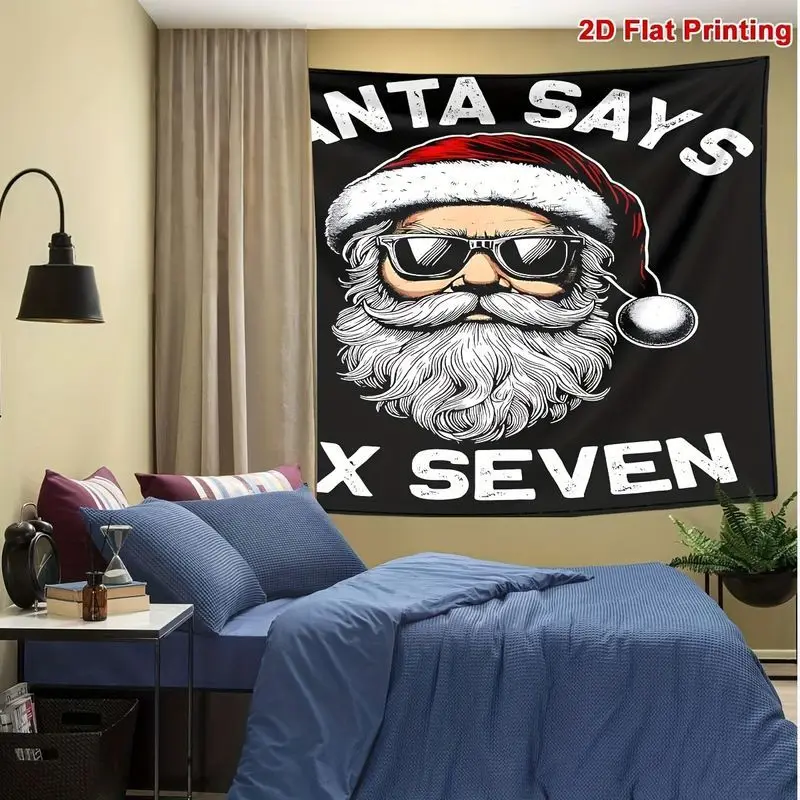 VIKAMA Funny Santa Face Wall Hanging Tapestry, Black Background Cool Santa with Sunglasses Red Hat for Christmas Room