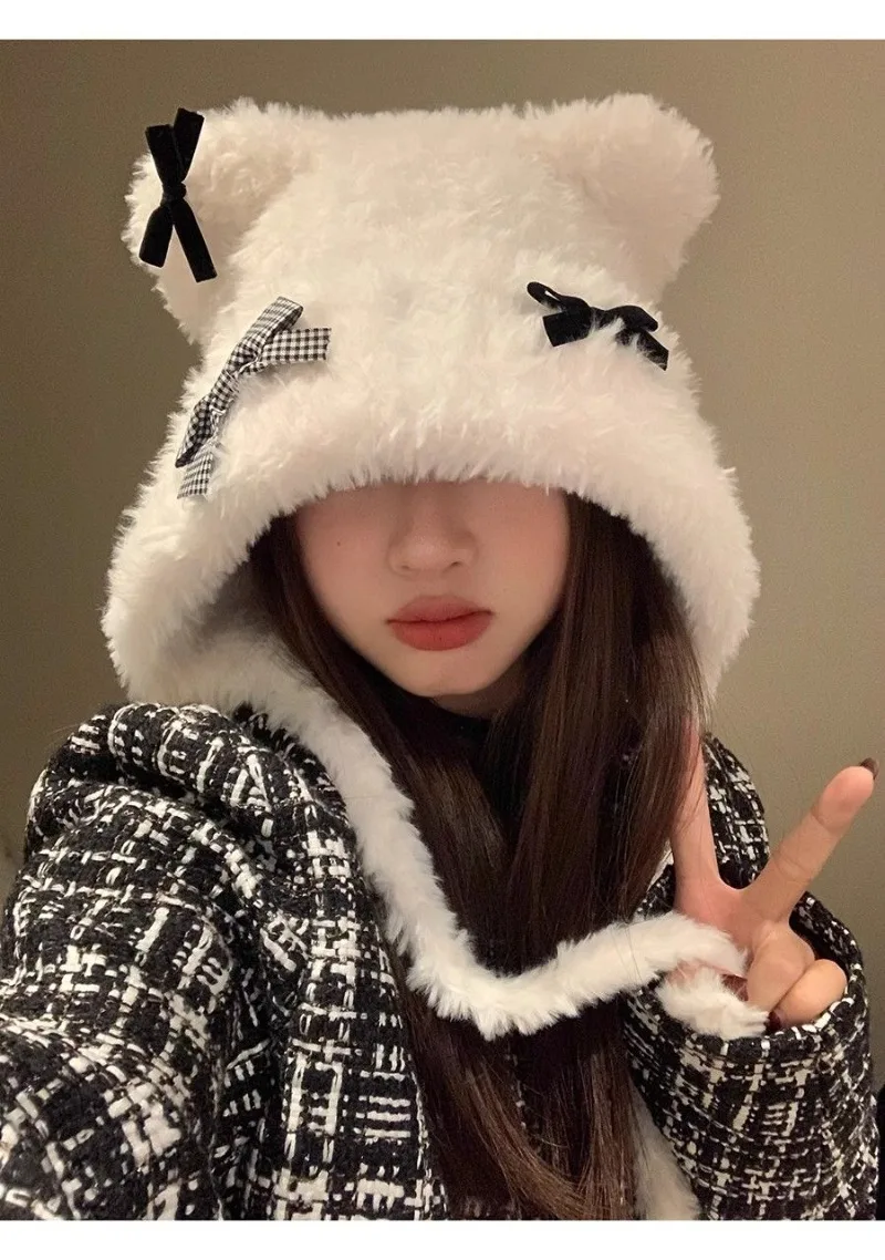 Sweet Bow Plush Bomber Cap Women Winter Thick Women Keep Warm Windproof Ear Protection Cute Pom-pom Beanie Hat with  Lace Up