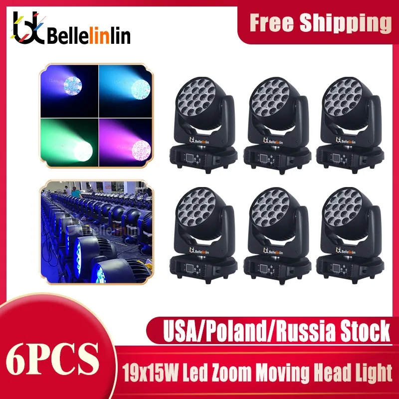 

No Tax 6pcs Dmx512 19X15W Led Wash Zoom Rgbw Moving Head Light Stage Spotlight Lyre Wash Zoom Beam 19 CTO AURA 3 Circle Control