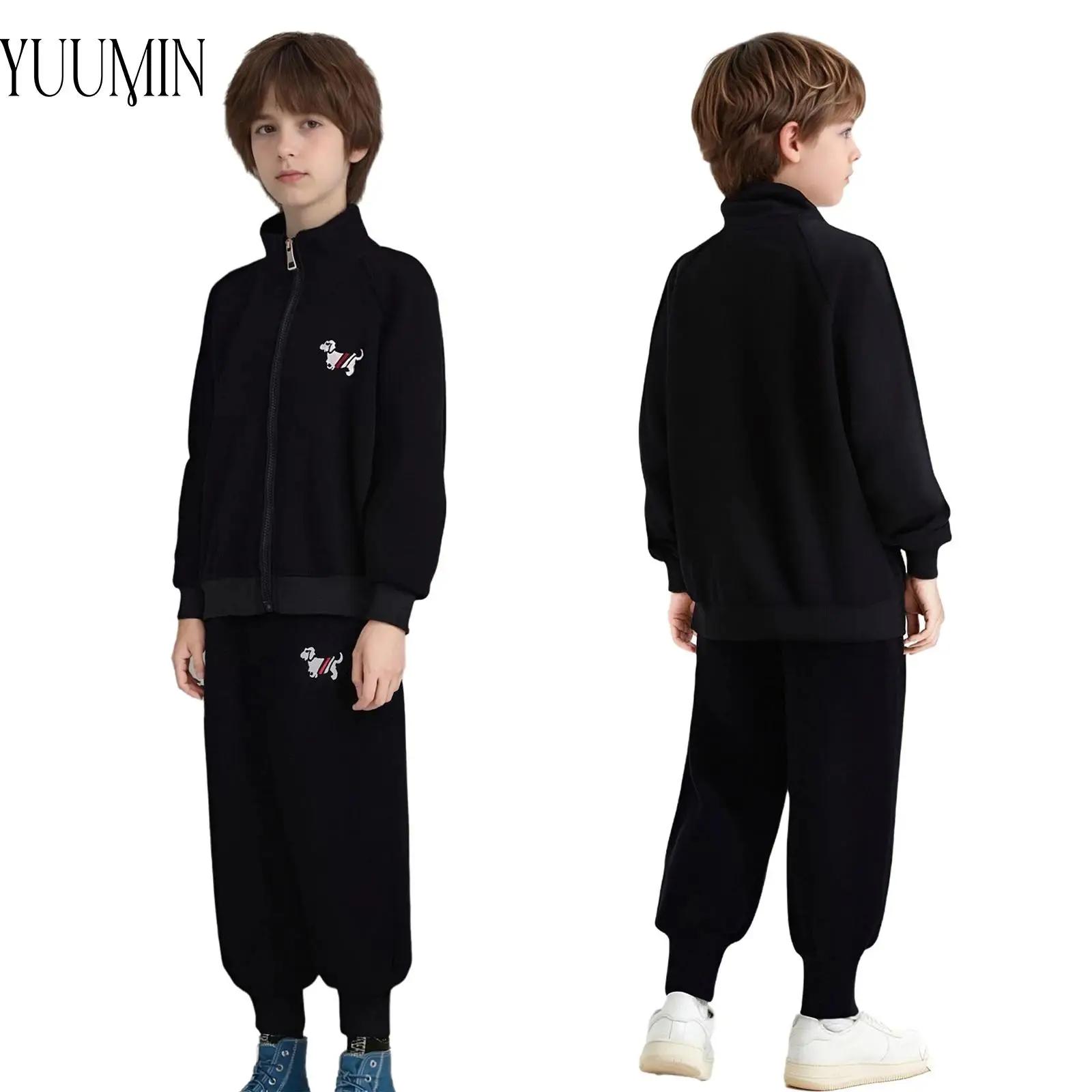 

Kids Boys Girls Dog Embroidery Sports Set Stand Collar Long Sleeve Zipper Jacket with Sweatpants Sportswear Casual Daily Wear