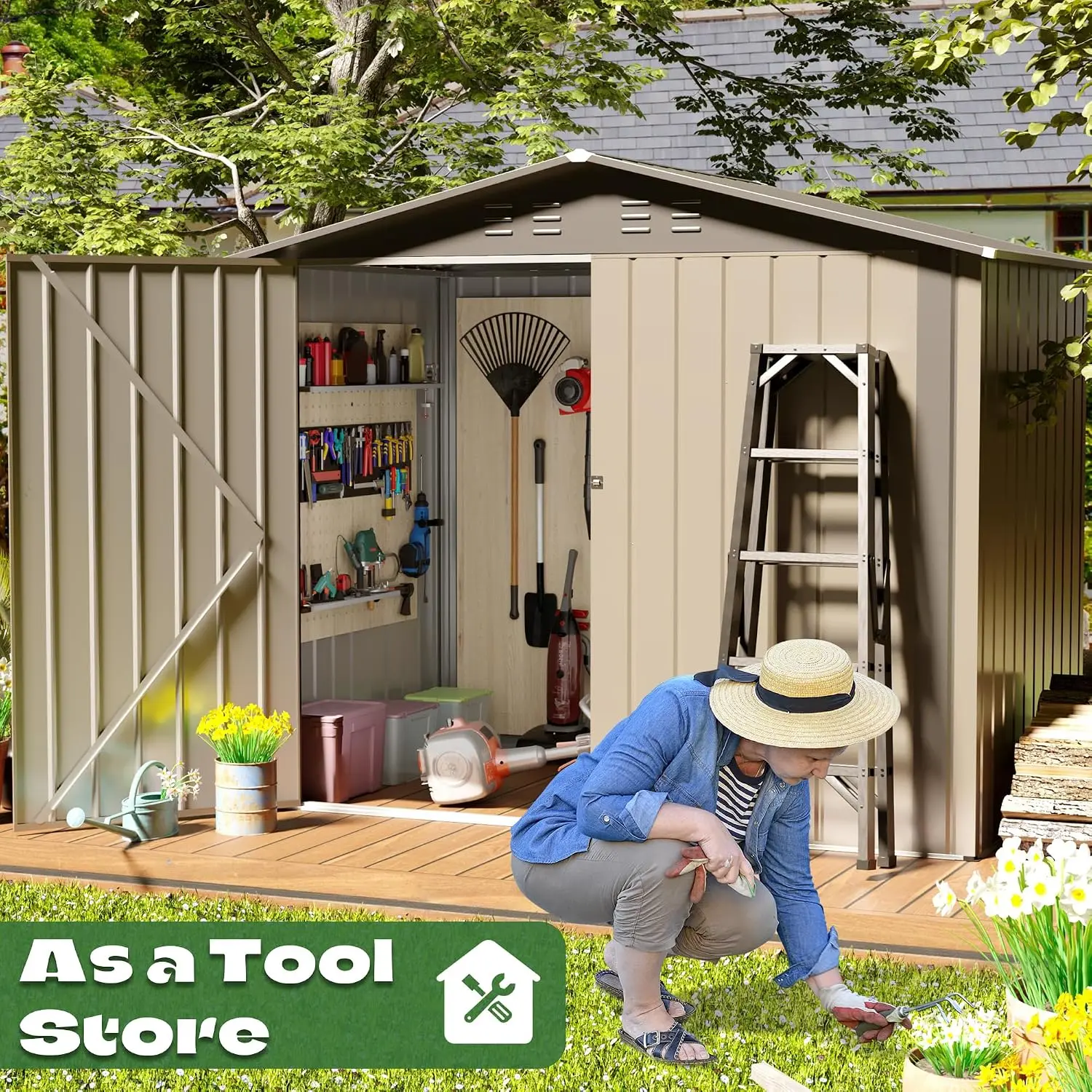 6'x4' Outdoor Metal Storage Shed All-Weather Steel Double Lockable Door Waterproof Garden Tool Patio Backyard Lawn, Customized