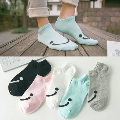 

5 Pairs Women's Socks Pack Smile Print Simple Fashionable Verstaile Invisible Ankle Socks Comfortable Cotton Socks For Girls