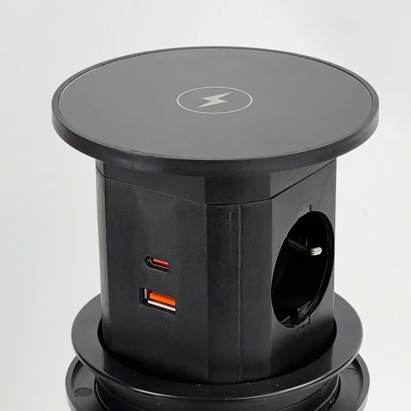 Black Small EU/USPower Hydraulic Pop Up Kitchen Counter-top Outlet USB Socket with 15w Fast Wireless Charger for Office Home