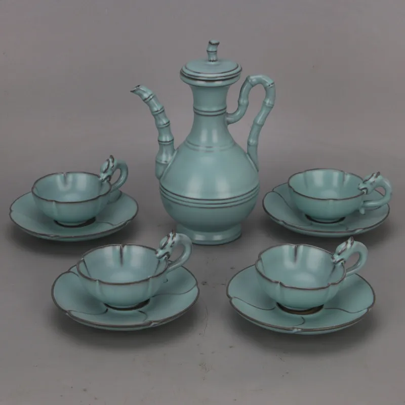 Antique Ru Ware Style Celadon Ceramic Tea Set with Teapot and Cups Chinese Home Decor Collectible