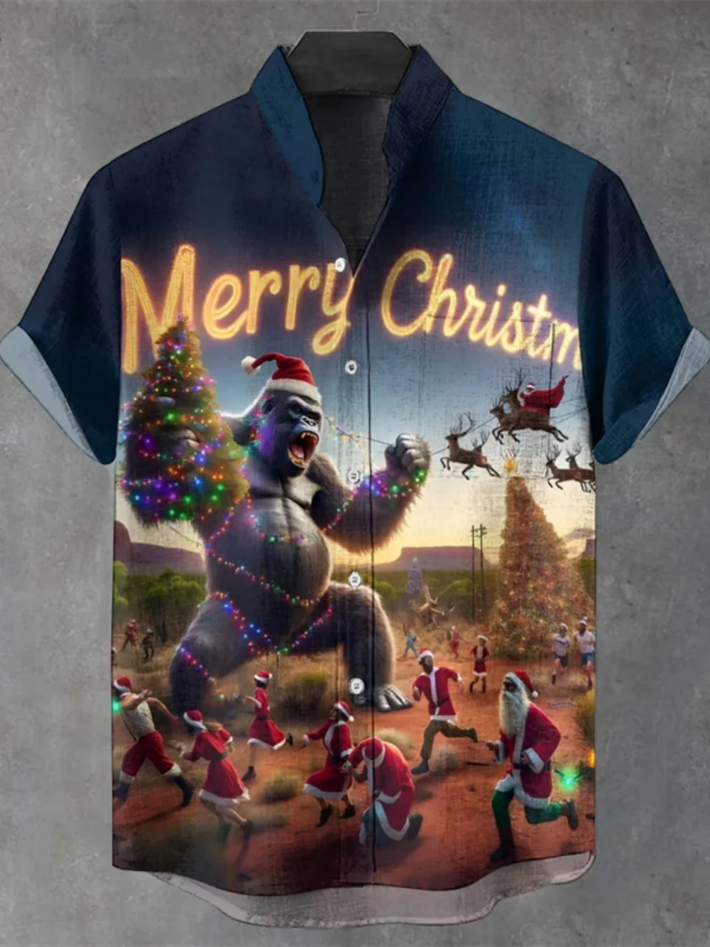 

Men's Fashionable Stand up Collar Short Sleeve Button up Christmas Party Shirt Casual Linen Clothing