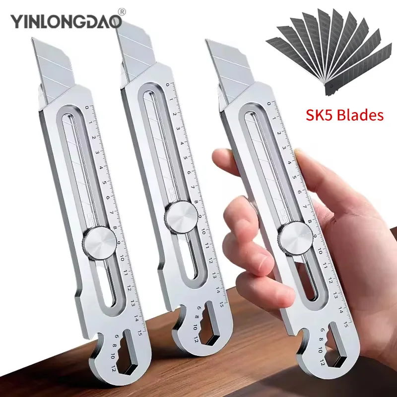 6 in 1 Multifunction Stainless Steel Utility Knife Tail Break Design/Ruler/Bottle Opener Retractable Box Cutter Art Supplies 