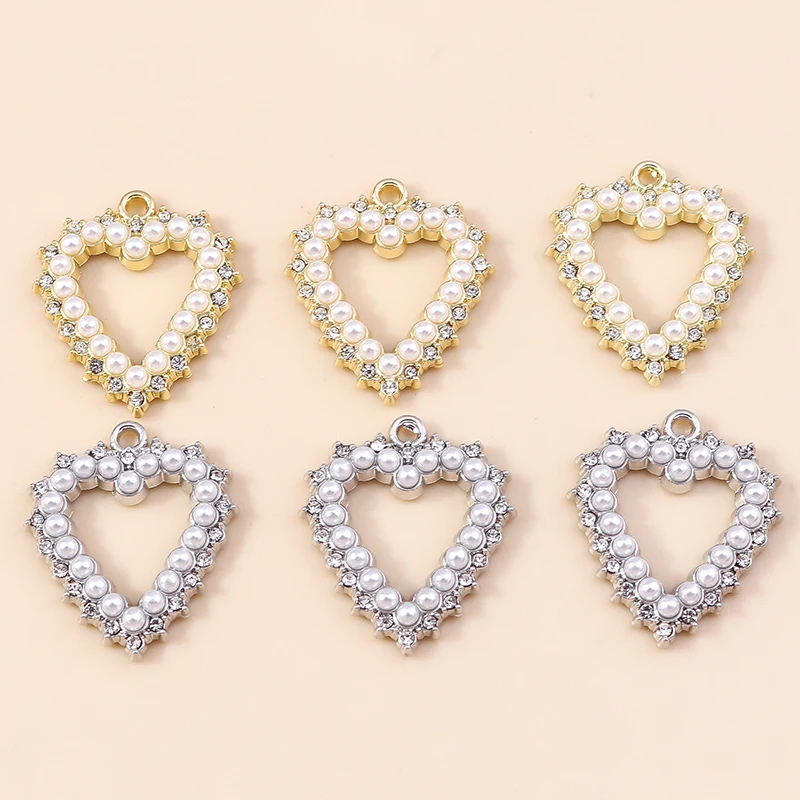 Leslie 4pcs Elegant Crystal Pearl Hollow Love Charms Hearts Pendants for DIY Earrings Bracelet Necklace Making Accessories