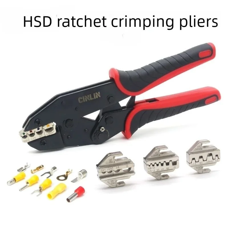 HSD Multi-Function Ratchet Crimping Pliers Interchangeable Jaws for RV/SV Insulated & Bare Terminal Industrial Wire Harness Tool