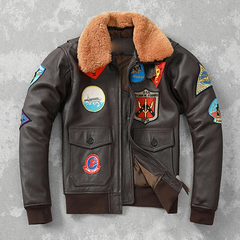 Aviator Embroidery Bomber G1 Flight Jacket Cowhide Leather Coat Men Air Force Winter Clothing Aviation Coats Real Fur 2XL-3XL