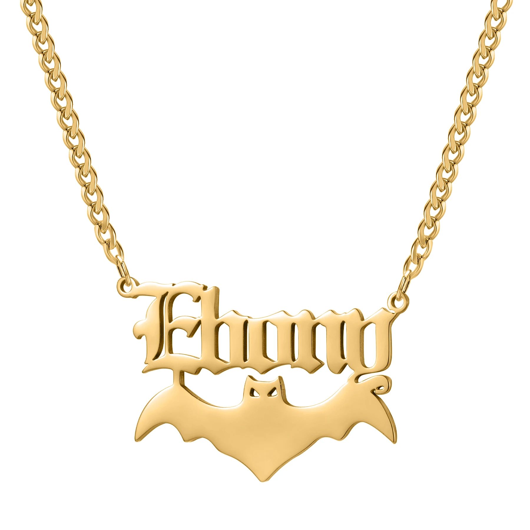 

Ожерелье с готическим именем на заказ и подвеской в виде летучей мыши, персонализированная позолоченная цепочка 18 карат, ювелирные изделия, уникальное ожерелье на тему Хэллоуина, Рождество