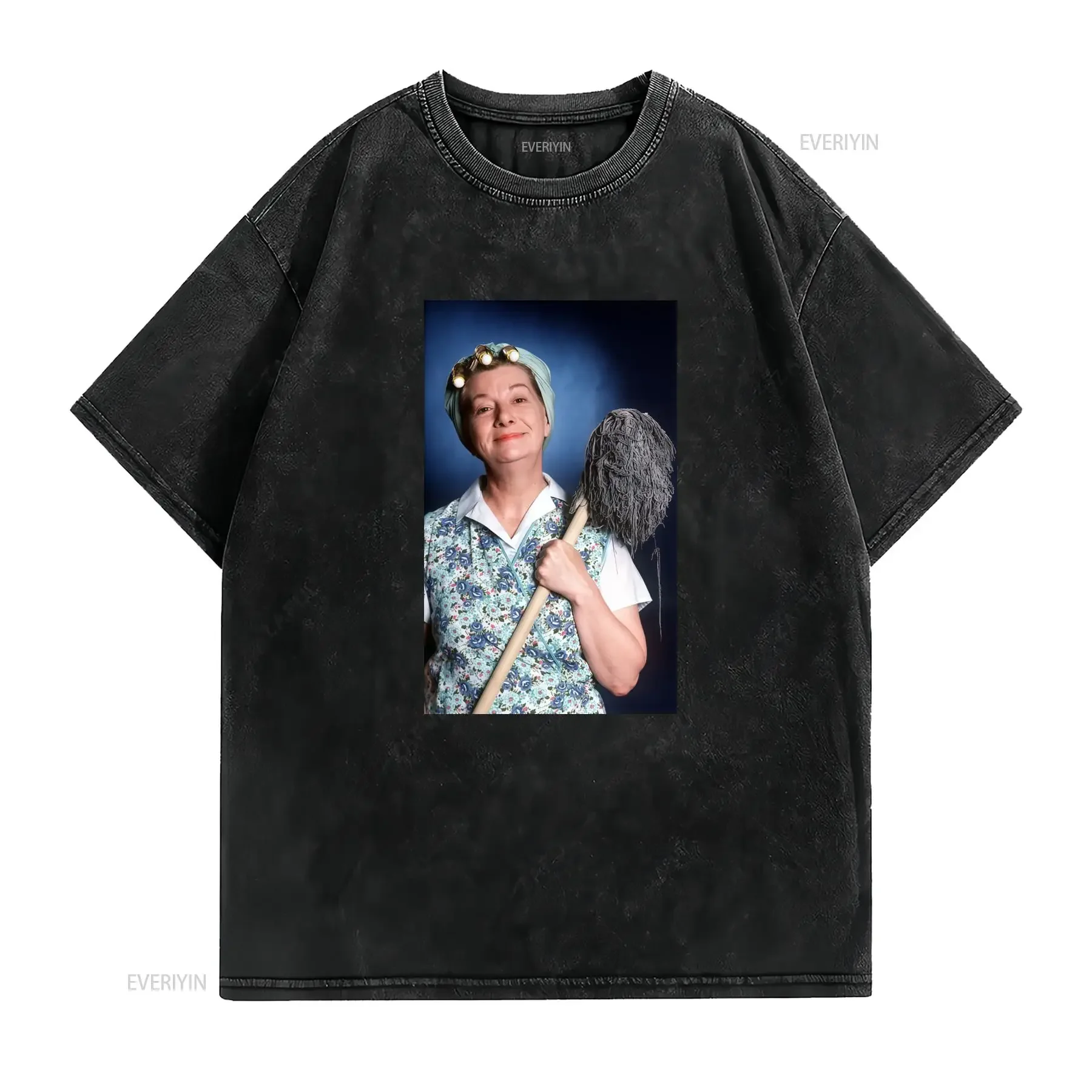Hilda Ogden T Shirt Iconic Coronation Character Print with Signature Broom Curly Hair Wig Design Casual Round Neck for vintage