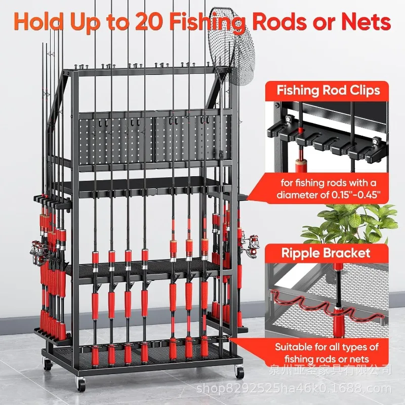 Large fishing rod bracket 3-layer heavy-duty metal fishing organizer bracket Storage 20 fishing rods