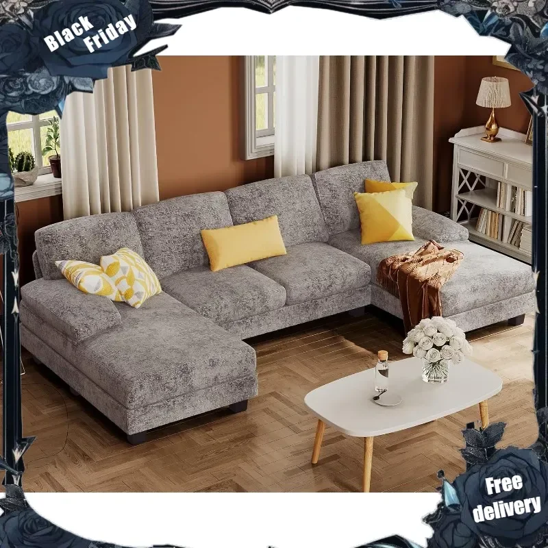 Sectional Couches for Living Room, U-Shaped Sofa Couch with Linen Fabric, 4 Seat Sofa Set with Double Chaise for Apartment