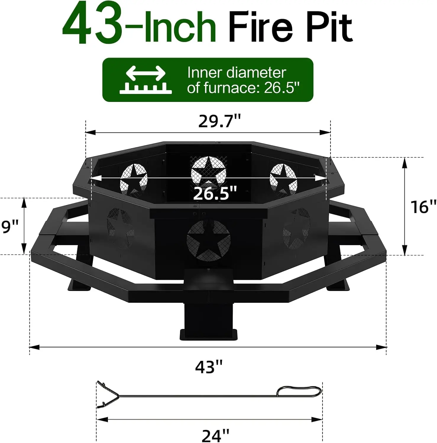 Outdoor Wood Burning Fire Pit, Heavy Duty Octagonal Steel Firepit, Backyard Patio Heating Stove, Camping Bonfire Bowl, Portable Garden Heating Centerpiece, Black